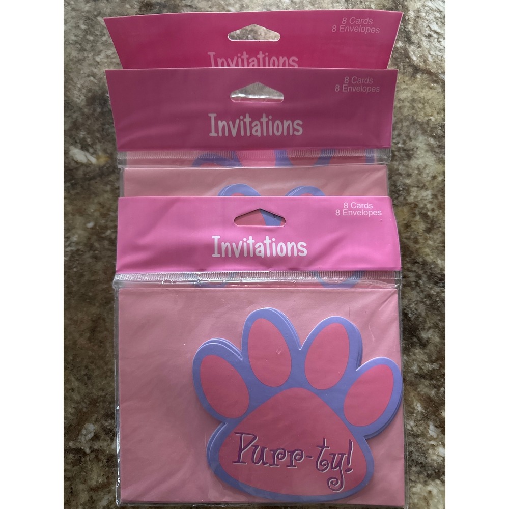Creative Converting Purr-ty Time Cat Paw Birthday Invitations‎ Pink Purple 24 ct